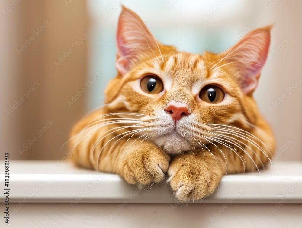 A cute orange cat resting its paws on a table, looking curiously at the camera with bright eyes, showcasing its playful personality. A cute orange cat resting its paws on a table, looking curiously at the camera with bright eyes, showcasing its playful personality.