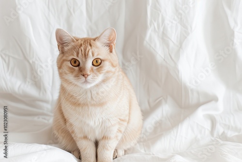 Wallpaper Mural A cute, fluffy orange cat sitting calmly on a soft white fabric, showcasing striking golden eyes and a peaceful demeanor. Torontodigital.ca