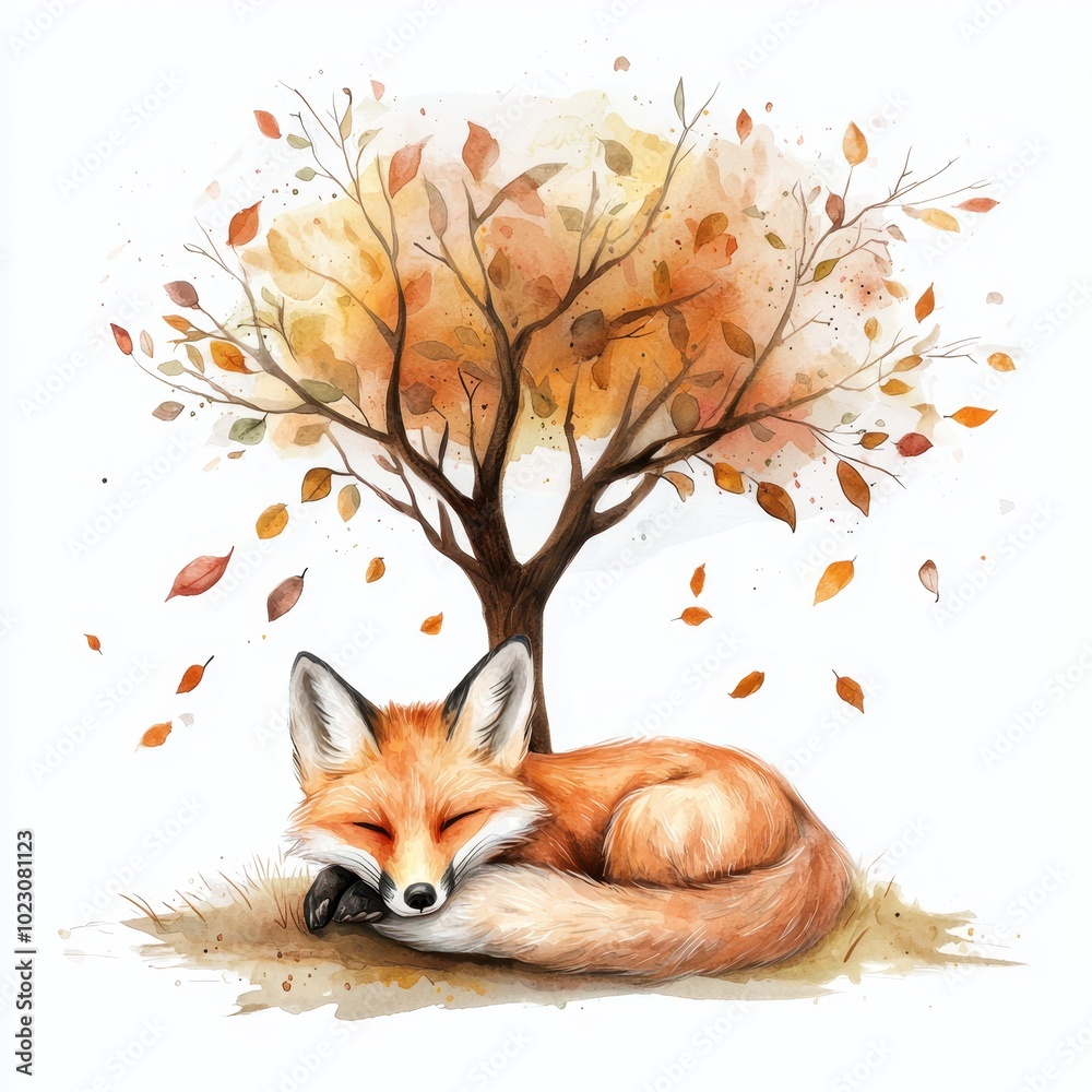 Fototapeta premium A serene illustration of a sleeping fox curled up beneath a colorful autumn tree shedding its leaves.