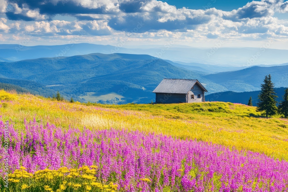 Morning sunny day is in mountain landscape. Carpathian, Ukraine, Europe. Beauty world - generative ai Morning sunny day is in mountain landscape. Carpathian, Ukraine, Europe. Beauty world - generative ai