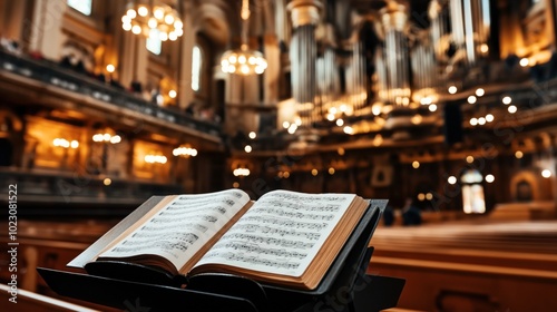 Open book with sheet music on a stand in a grand cathedral interior with blurred background and warm lighting