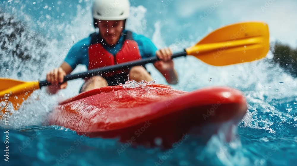 Naklejka premium A dynamic action shot of a man kayaking through splashing water, showcasing the thrill of adventure sports in nature.