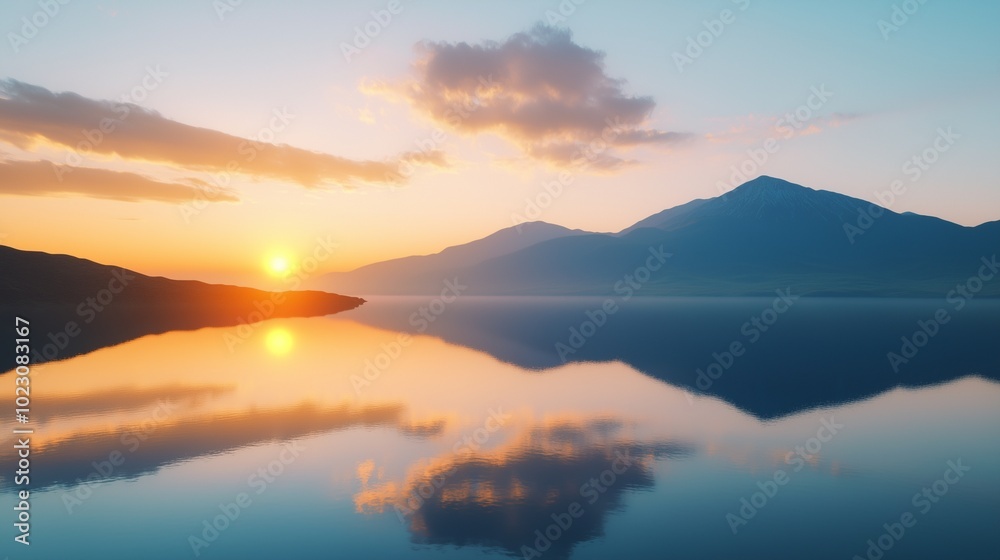 Obraz premium Mountain with sunset sky and reflection on water ocean
