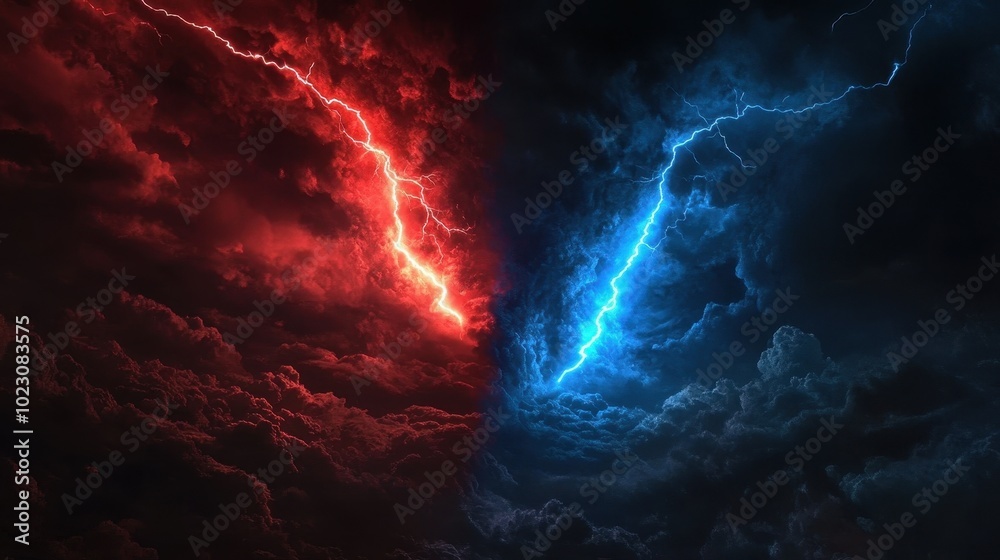 Fototapeta premium Striking Red and Blue Lightning Splitting the Dark Sky
