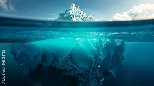 A massive iceberg floats in the ocean, with only a small portion visible above the waterline