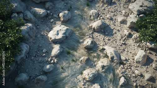 Aerial view of meander river fload with rocks photo