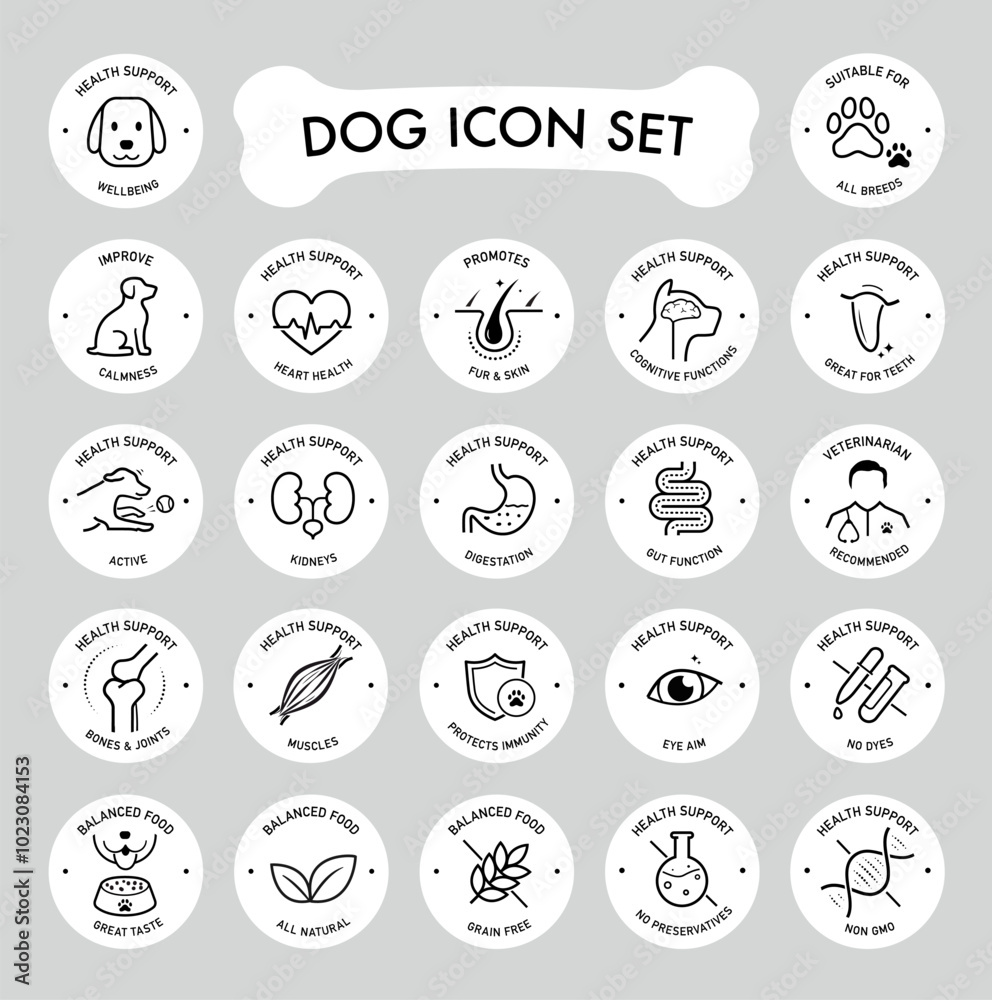 Icon set components of a dog's health. The main advantages from a balanced food or supplement. Each icon is designed with lines and a modern aesthetic, making them perfect for pet health products. EPS Icon set components of a dog's health. The main advantages from a balanced food or supplement. Each icon is designed with lines and a modern aesthetic, making them perfect for pet health products. EPS