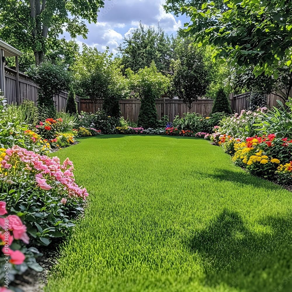 Fototapeta premium Close-up green grass lawn with clouds on blue sky