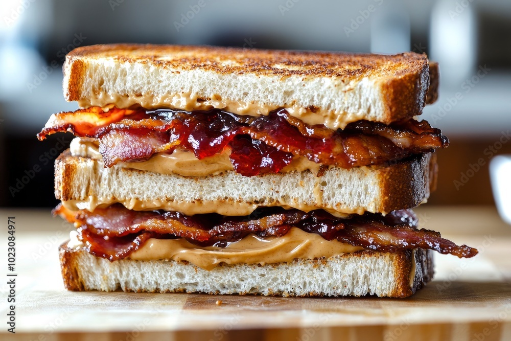 Peanut butter, jam and bacon stacked sandwich - generative ai Peanut butter, jam and bacon stacked sandwich - generative ai
