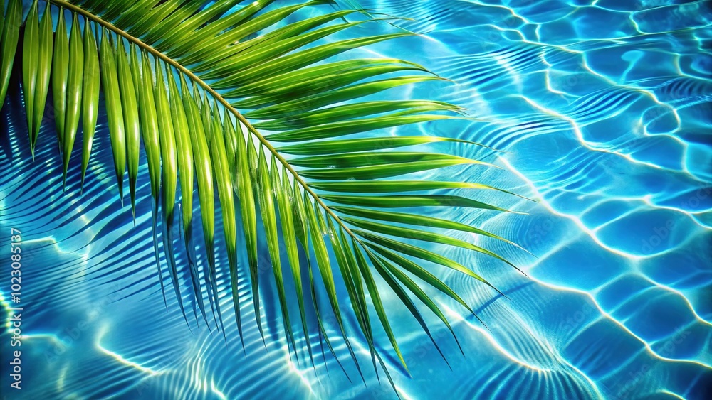 Shadows of palm leaves drift on the sparkling blue ripples, crafting a serene summer landscape perfect for moments of relaxation and inner peace on warm days. Shadows of palm leaves drift on the sparkling blue ripples, crafting a serene summer landscape perfect for moments of relaxation and inner peace on warm days.