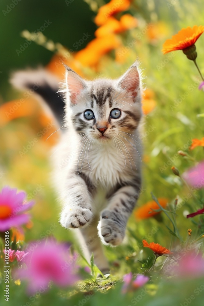 Fototapeta premium Ai generated cute kitty kitten cat on the grass with flower, selective bokeh focus 