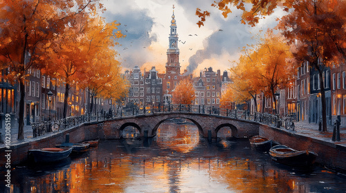 Amsterdam's Canals and Bridges in a Soft Watercolor Style