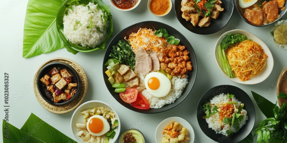 A vibrant display of various Asian dishes featuring rice, vegetables, and proteins, perfect for food lovers and culinary enthusiasts. A vibrant display of various Asian dishes featuring rice, vegetables, and proteins, perfect for food lovers and culinary enthusiasts.