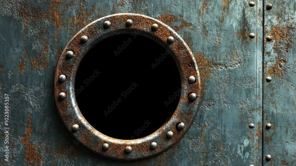 A rusty metal door with a round porthole and rivets A rusty metal door with a round porthole and rivets