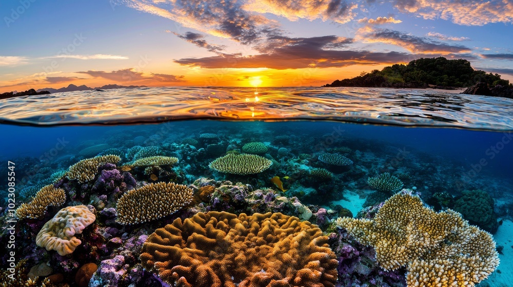 Naklejka premium Vibrant Coral Reef at Sunset Over Calm Waters