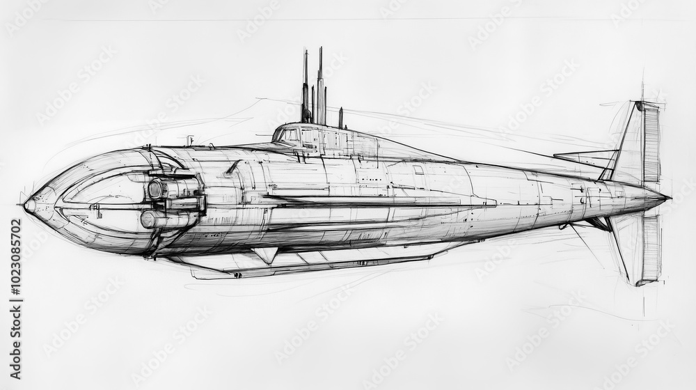 Obraz premium Pencil sketch of a submarine, showcasing its streamlined design with detailed elements such as the conning tower, torpedo tubes, and propeller.