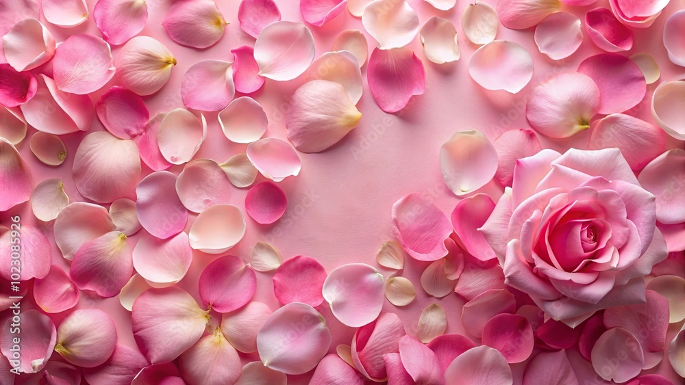 A Single Rose Blossom Nestled Among a Delicate Scattering of Petals on a Soft Pink Background A Single Rose Blossom Nestled Among a Delicate Scattering of Petals on a Soft Pink Background