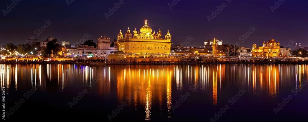 A stunning view of the golden temple illuminated at night, reflecting beautifully on the serene water surface. A stunning view of the golden temple illuminated at night, reflecting beautifully on the serene water surface.