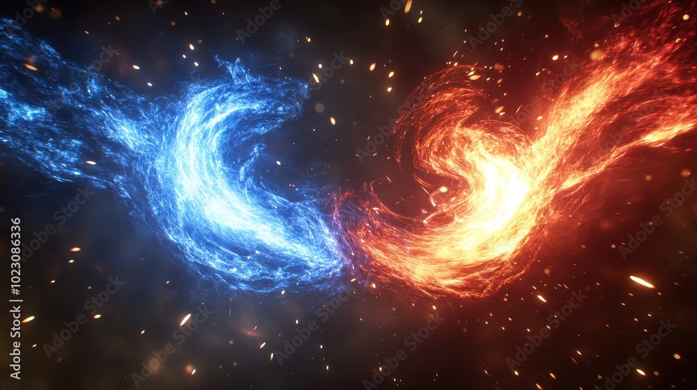 Fototapeta premium Intertwined Blue and Red Flames in Dynamic Motion