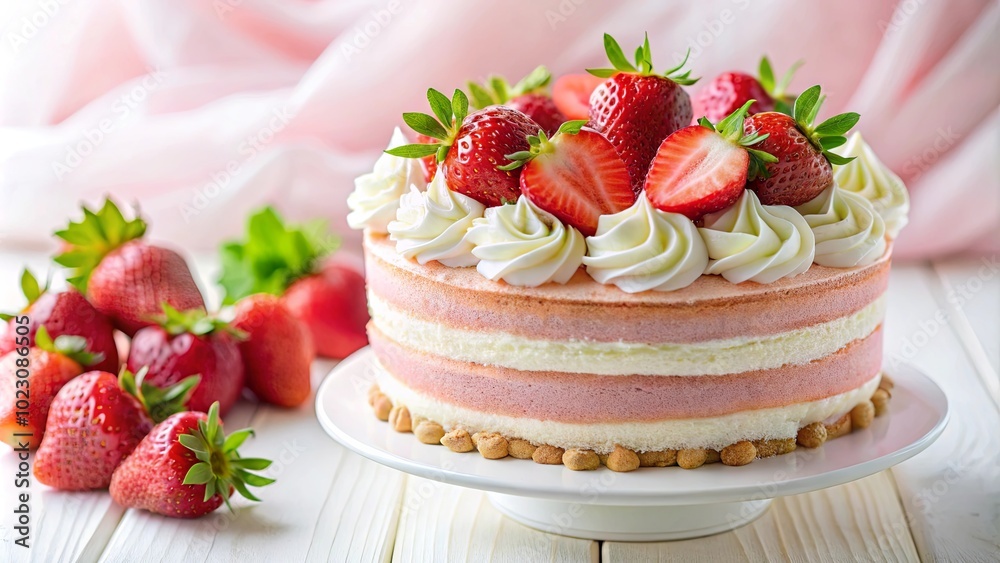 A Delicate Layered Cake with Whipped Cream and Fresh Strawberries, a Taste of Summer Sweetness A Delicate Layered Cake with Whipped Cream and Fresh Strawberries, a Taste of Summer Sweetness