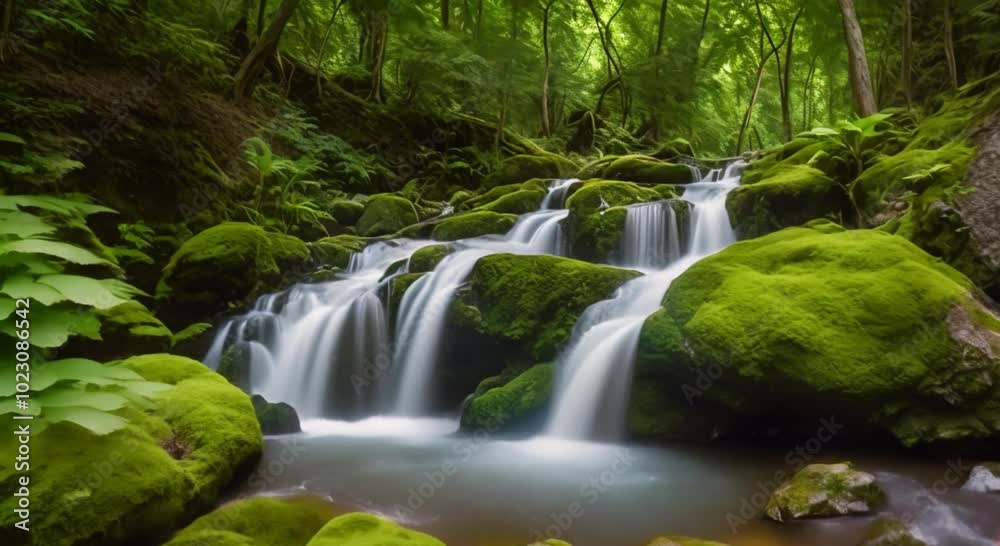 Gentle Waterfall Surrounded by Ferns and Wildflowers Gentle Waterfall Surrounded by Ferns and Wildflowers