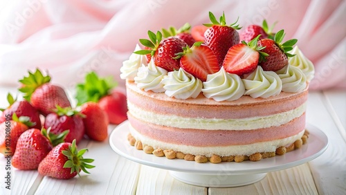 A Delicate Layered Cake with Whipped Cream and Fresh Strawberries, a Taste of Summer Sweetness