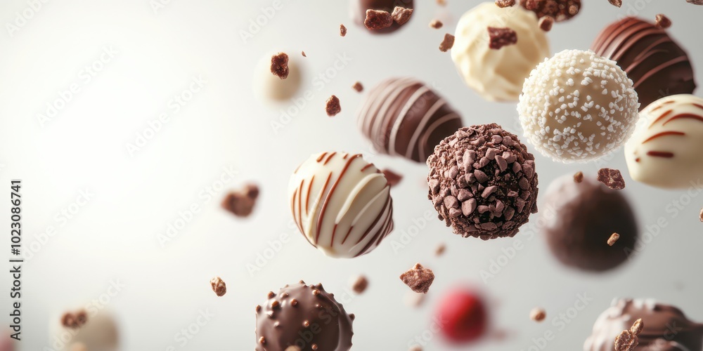 An assortment of delicious chocolate truffles floating in the air, showcasing various flavors and decorations against a soft backdrop. An assortment of delicious chocolate truffles floating in the air, showcasing various flavors and decorations against a soft backdrop.