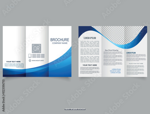 Tri fold wave brochure layout. Blue and white flyer. For design and print. Leaflet. Vector illustration.