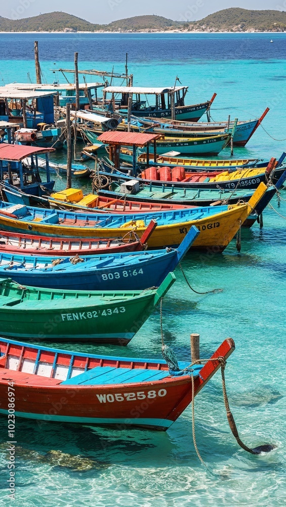 Obraz premium Colorful fishing boats anchored in clear lagoon background for invitation or card screensaver
