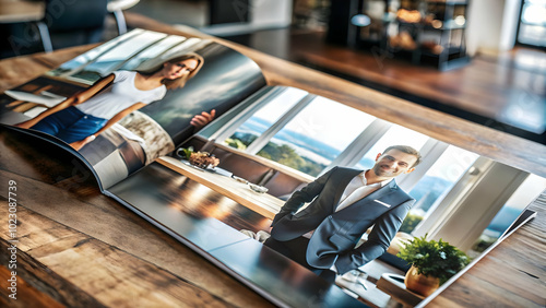 Glossy Marketing Brochure Showcase: Premium Brand Visuals and Catchy Tagline on Polished Desk Surface for Promotional Content photo