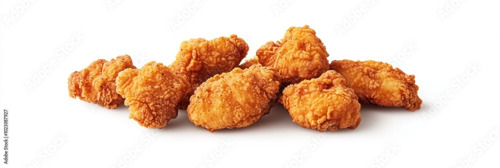 Crispy and golden fried chicken pieces arranged on a clean white background, perfect for food photography and culinary projects. Crispy and golden fried chicken pieces arranged on a clean white background, perfect for food photography and culinary projects.