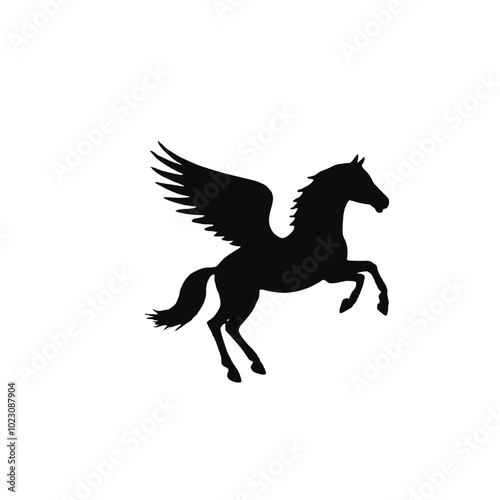 A black silhouette of a winged horse, or Pegasus, with its wings spread out and its head raised in a majestic pose 