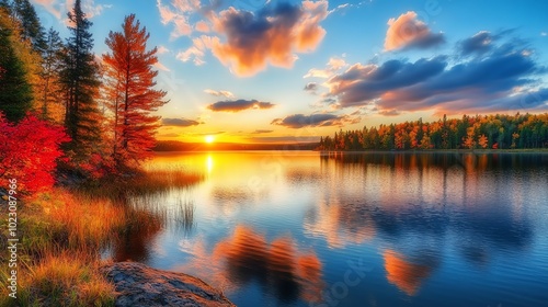A beautiful sunset over a lake with trees and a golden sky.