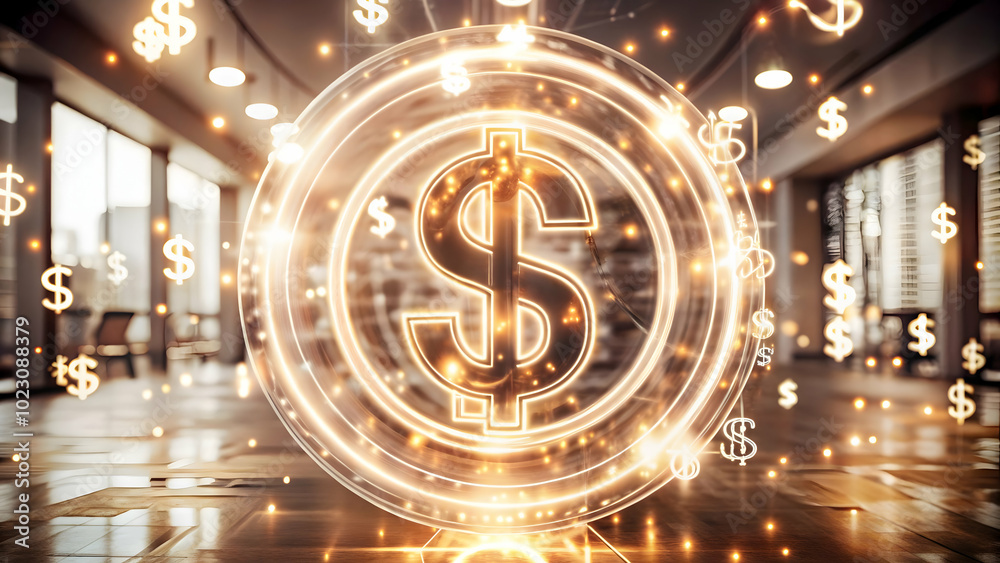 Flat Glowing Abstract Dollar Sign Surrounded by Swirling Marketing Icons: A Dynamic Vector Illustration Representing Financial Success and Smart Business Strategies Flat Glowing Abstract Dollar Sign Surrounded by Swirling Marketing Icons: A Dynamic Vector Illustration Representing Financial Success and Smart Business Strategies