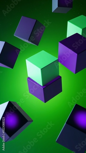 Geometric cubes rotating in neon green space background for invitation or card screensaver