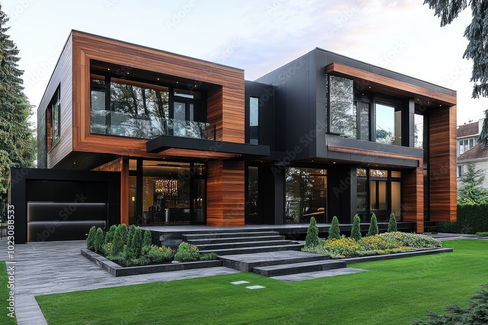 Modern home with wooden siding and large windows. Ideal for real estate, architecture, and design projects. Modern home with wooden siding and large windows. Ideal for real estate, architecture, and design projects.