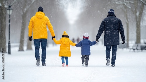 A joyful family strolls through a snowy park, enjoying the winter weather together, creating cherished memories. photo