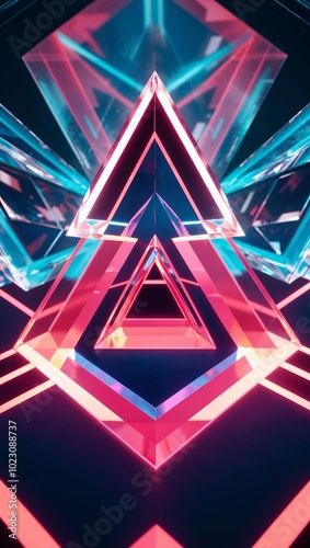 Glowing triangular prisms with holographic layers background for invitation or card screensaver