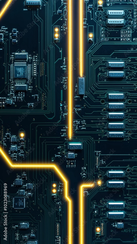 Fototapeta premium High tech circuit board with glowing pathways background for invitation or card screensaver