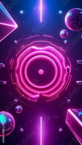 Neon holographic interface with floating elements background for invitation or card screensaver