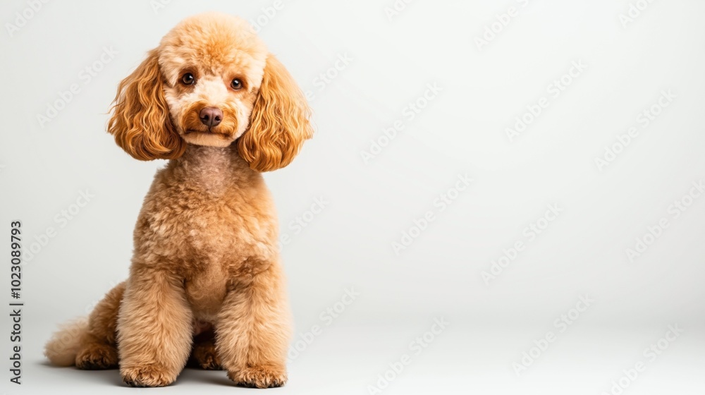 Cute brown poodle dog sitting against a plain white background in a studio setting Cute brown poodle dog sitting against a plain white background in a studio setting
