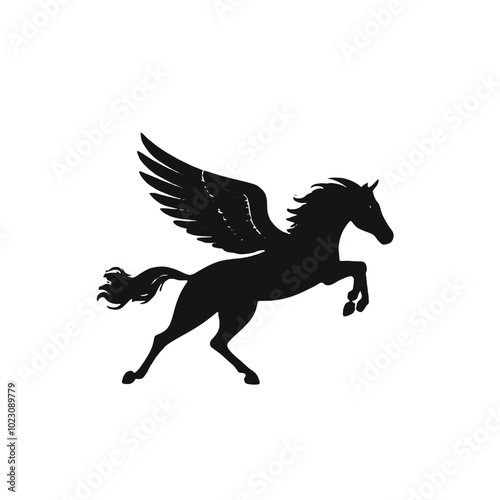 A black silhouette of a winged horse, or Pegasus, with its wings spread out and its head raised in a majestic pose 