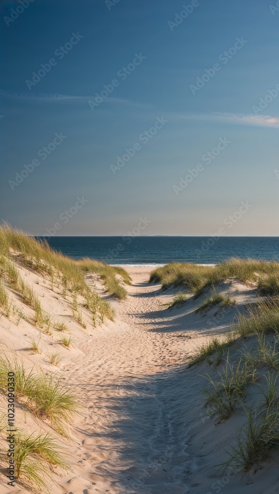 Scenic beach path through sand dunes to ocean background for invitation or card screensaver Scenic beach path through sand dunes to ocean background for invitation or card screensaver