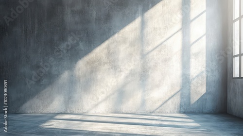 Minimalist concrete interior with soft sunlight and shadow patterns.