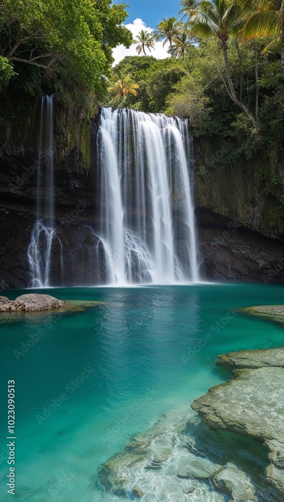 Scenic tropical waterfall cascading into crystal lagoon background for invitation or card screensaver Scenic tropical waterfall cascading into crystal lagoon background for invitation or card screensaver