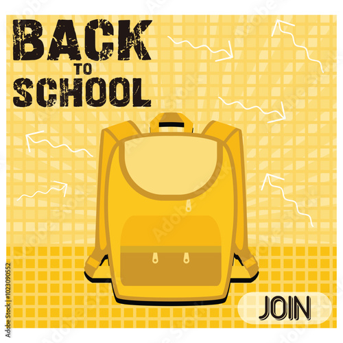 Back to School. Yellow school bag, checkered paper background with doodle drawing. Flat vector modern illustration