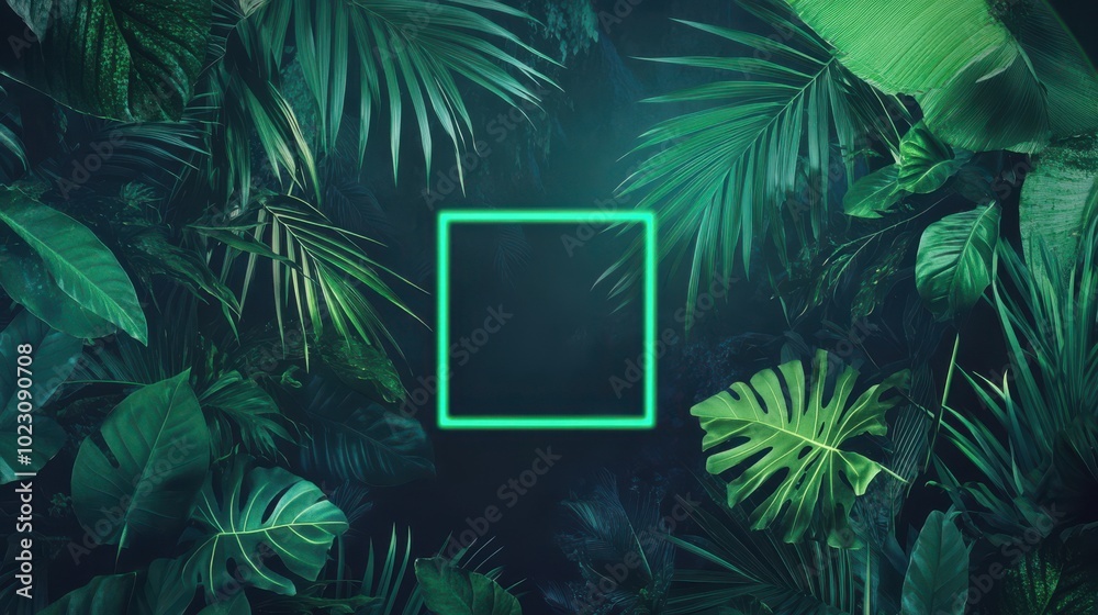 Tropical green leaves with glowing neon frame in the center. Tropical green leaves with glowing neon frame in the center.