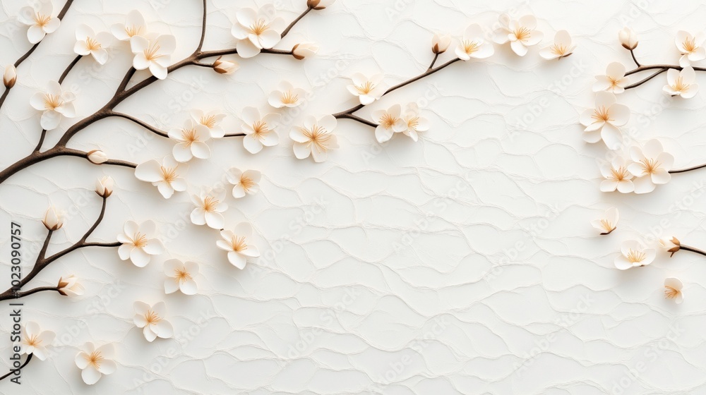 Elegant floral design with white cherry blossoms on textured cream background with delicate branches encircling the composition Elegant floral design with white cherry blossoms on textured cream background with delicate branches encircling the composition