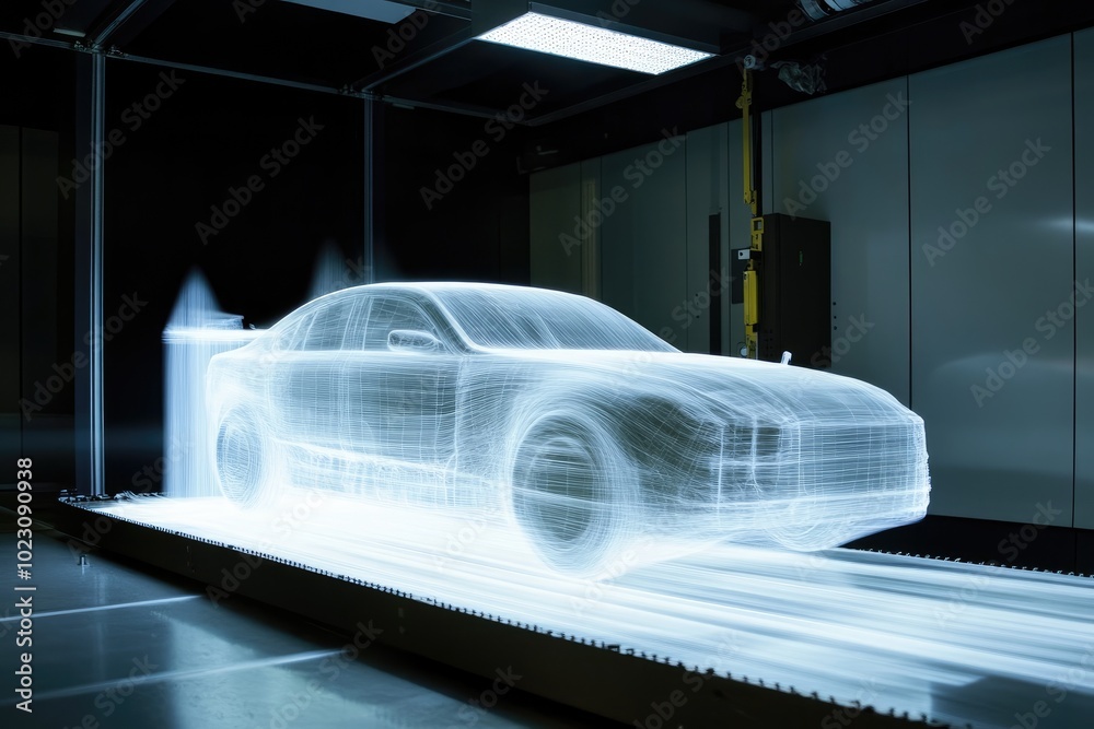 Wireframe car model in wind tunnel. Illustrates car design and aerodynamics testing. Wireframe car model in wind tunnel. Illustrates car design and aerodynamics testing.