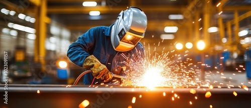 A metalworker performing welding in a factory, creating sparks in a vibrant industrial setting.